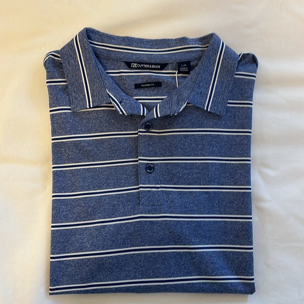 Cutter & Buck Forge Polo Heather Stripe Tailored Fit Tour Blue/white Size Large - Picture 2 of 5